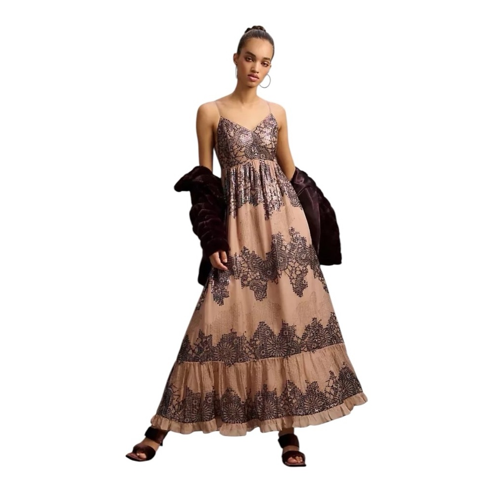 Anthropologie Let Me Be Deep-V Sequin Smocked Sequin Tier Maxi Dress XLarge